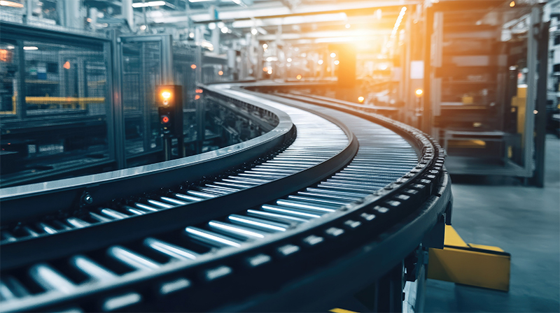 clean, empty conveyor belt system in a factory, surrounded by modern machinery.
